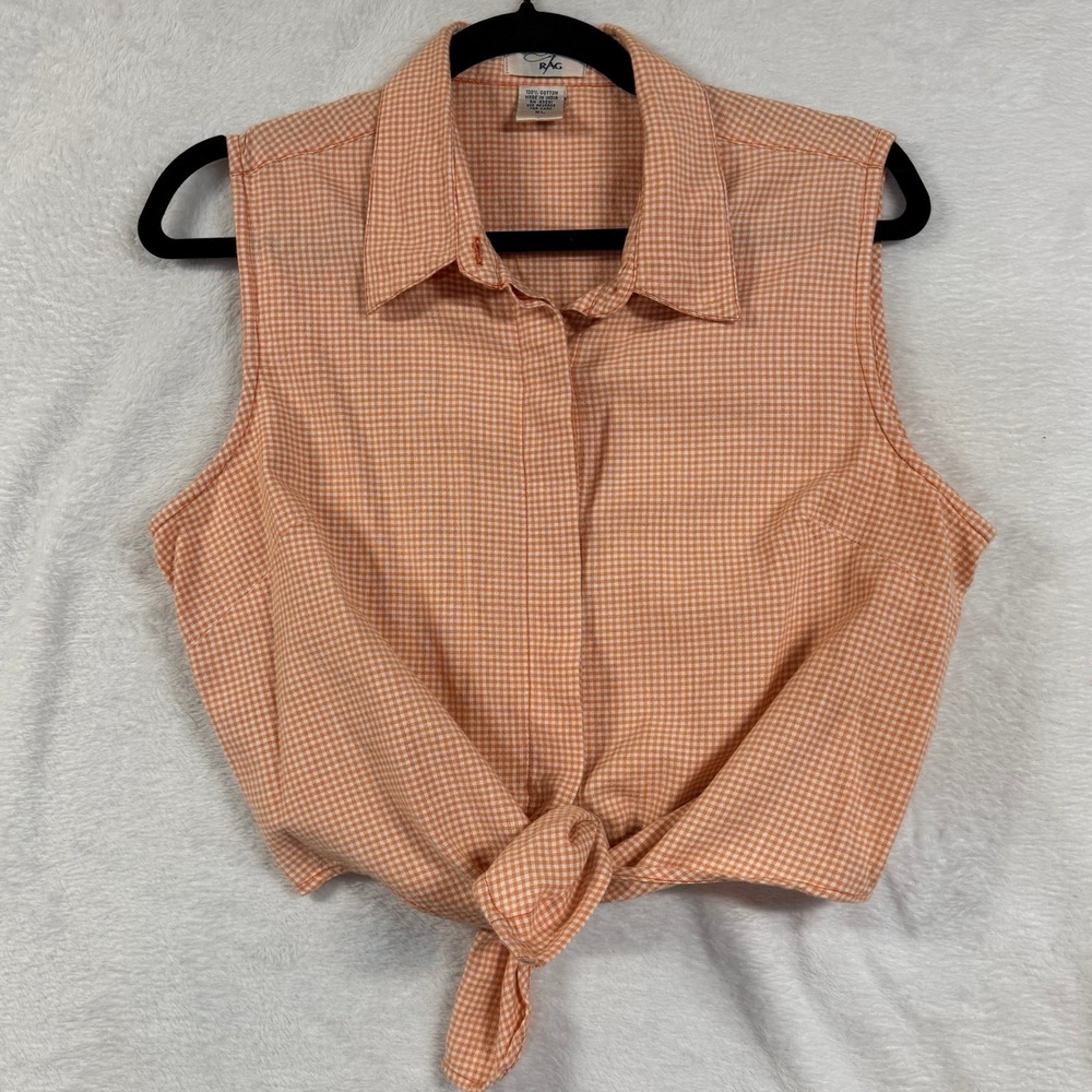 VTG Rag L Orange Gingham Sleeveless Tie Front Button Top Western Y2K Classic
